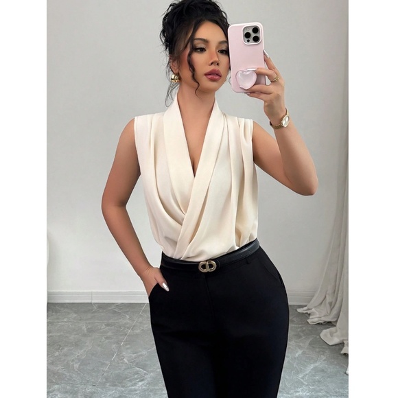 Draped Sleeveless Surplice V-Neck Blouse Top Beige - Picture 6 of 7